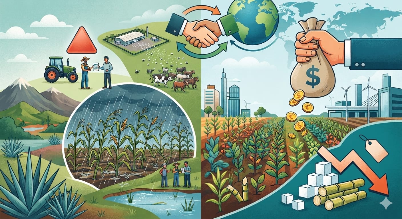 Infografia ilustrada que muestra el sector agricola con cultivos de maiz bajo la lluvia, caña de azucar con flechas hacia abajo, un apreton de manos global y apoyo financiero al campo.