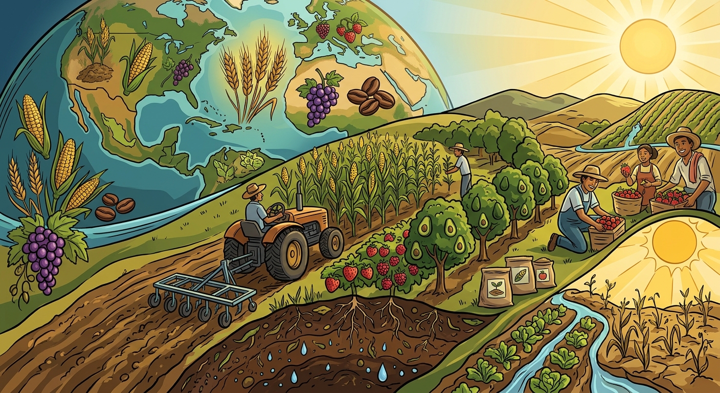 Ilustración sobre agricultura regenerativa con suelos fértiles, cultivos de maíz, aguacates y berries, y agricultores trabajando en el campo.